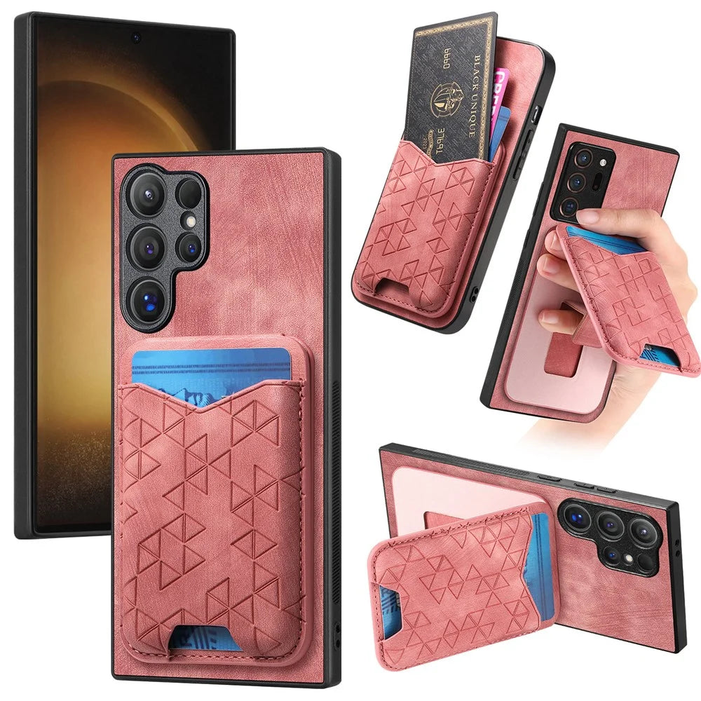 For Samsung Galaxy S23 Ultra Case Imprinted Pattern Card Holder Kickstand Leather Back Cover - Pink - 1