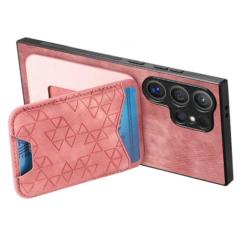 For Samsung Galaxy S23 Ultra Case Imprinted Pattern Card Holder Kickstand Leather Back Cover - Pink - 3