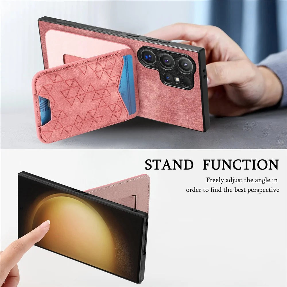 For Samsung Galaxy S23 Ultra Case Imprinted Pattern Card Holder Kickstand Leather Back Cover - Pink - 6