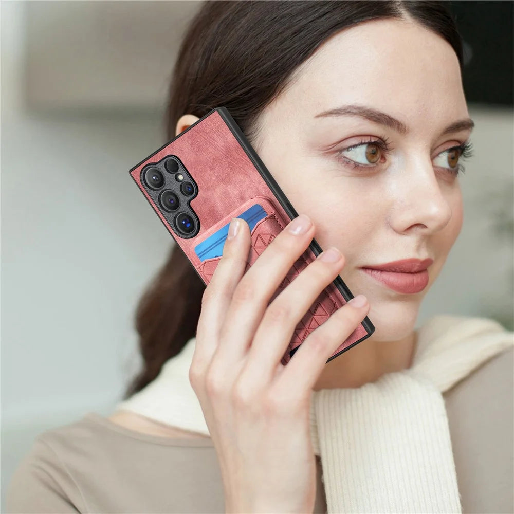 For Samsung Galaxy S23 Ultra Case Imprinted Pattern Card Holder Kickstand Leather Back Cover - Pink - 7