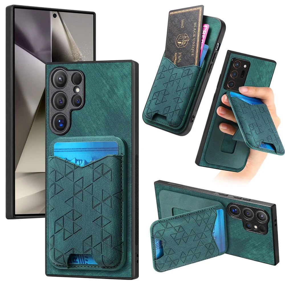 For Samsung Galaxy S24 Ultra Case Imprinted Pattern Card Holder Kickstand Leather Back Cover - Green - 1