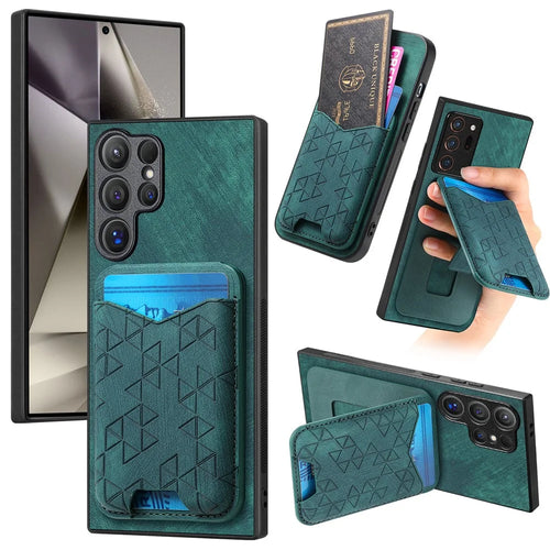 For Samsung Galaxy S24 Ultra Case Imprinted Pattern Card Holder Kickstand Leather Back Cover - Green - 1