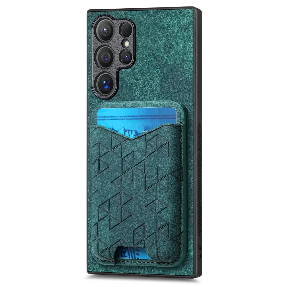 For Samsung Galaxy S24 Ultra Case Imprinted Pattern Card Holder Kickstand Leather Back Cover - Green - 2