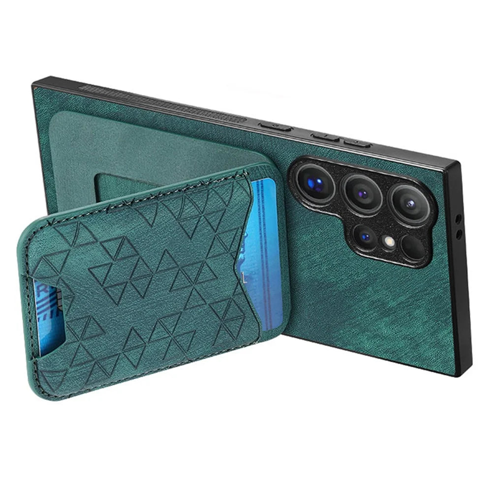 For Samsung Galaxy S24 Ultra Case Imprinted Pattern Card Holder Kickstand Leather Back Cover - Green - 3