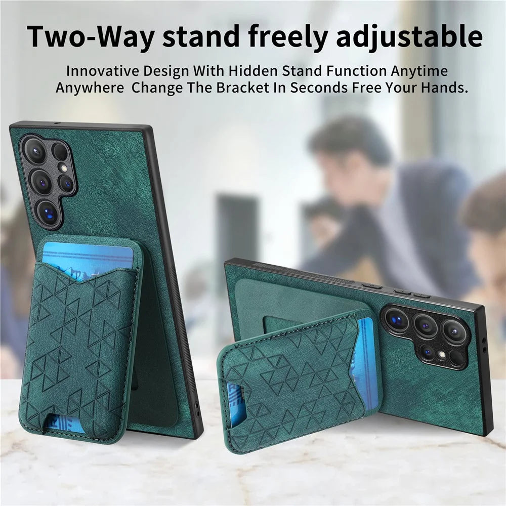 For Samsung Galaxy S24 Ultra Case Imprinted Pattern Card Holder Kickstand Leather Back Cover - Green - 5