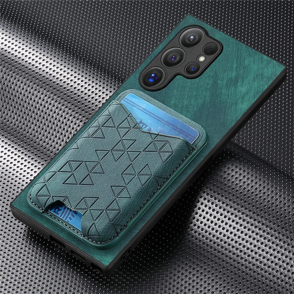 For Samsung Galaxy S24 Ultra Case Imprinted Pattern Card Holder Kickstand Leather Back Cover - Green - 7