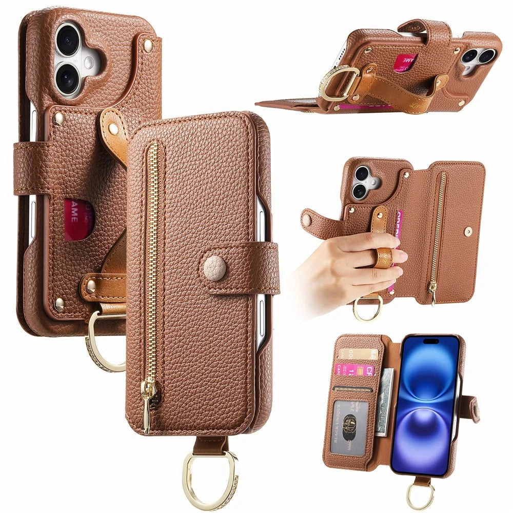 For iPhone 16 Plus Case RFID Blocking Zipper Wallet PU Leather Mobile Cover - Brown - 1