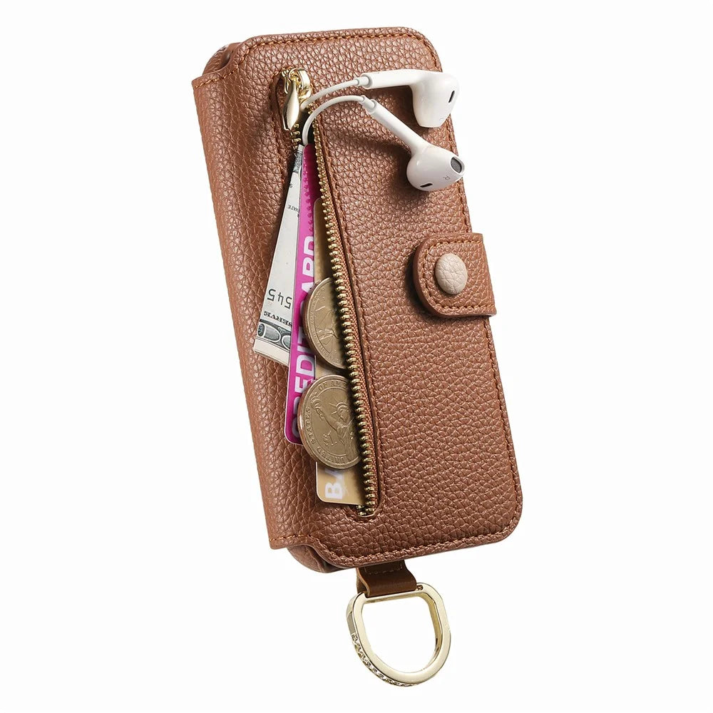 For iPhone 16 Plus Case RFID Blocking Zipper Wallet PU Leather Mobile Cover - Brown - 4