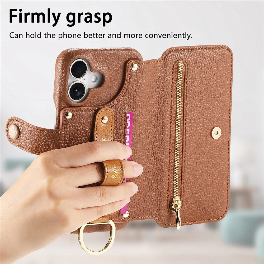For iPhone 16 Plus Case RFID Blocking Zipper Wallet PU Leather Mobile Cover - Brown - 5