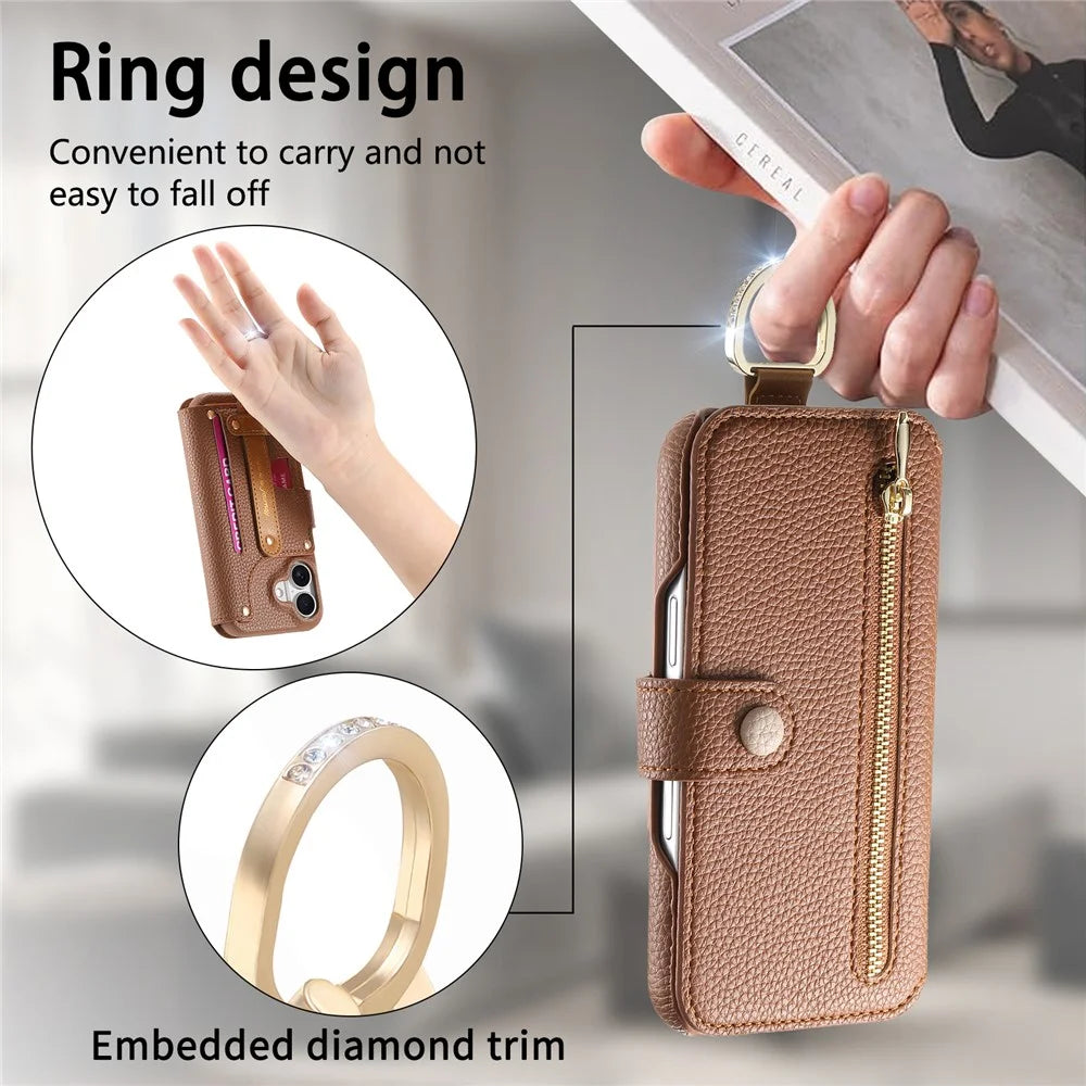 For iPhone 16 Plus Case RFID Blocking Zipper Wallet PU Leather Mobile Cover - Brown - 6