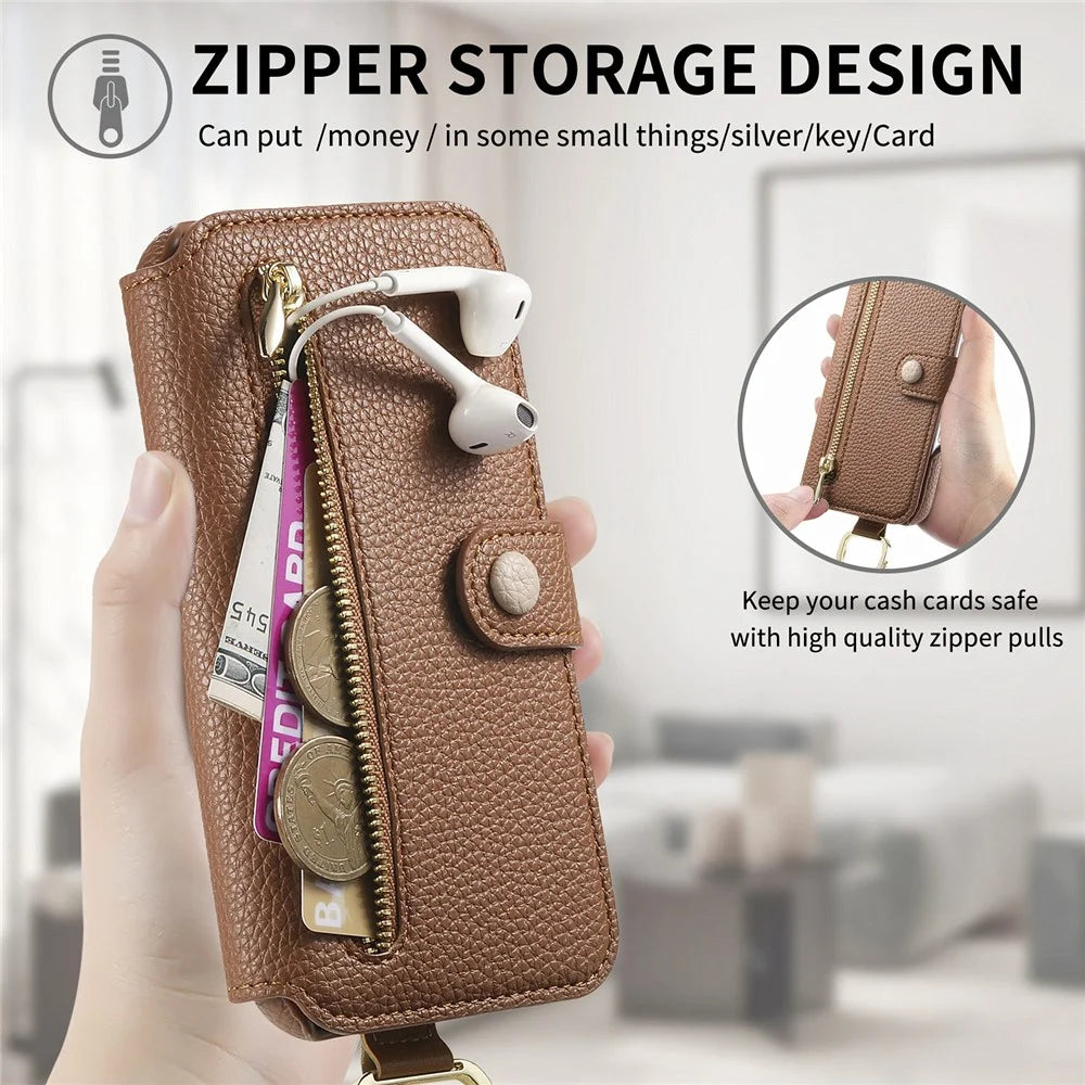 For iPhone 16 Plus Case RFID Blocking Zipper Wallet PU Leather Mobile Cover - Brown - 7
