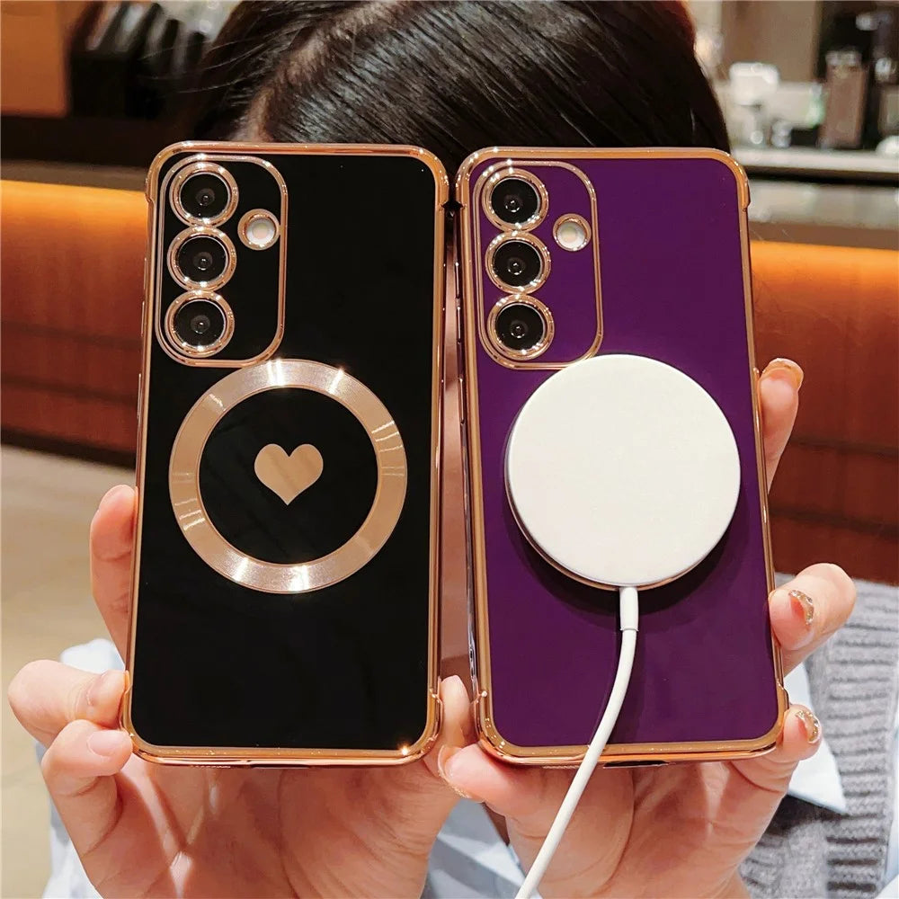 For Samsung Galaxy S25+ Magnetic Case Electroplating Soft TPU Cover with Cute Love Heart - Black - 4