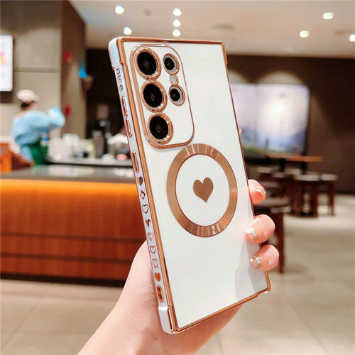 For Samsung Galaxy S25 Ultra Magnetic Case Electroplating Soft TPU Cover with Cute Love Heart - Ivory White - 1