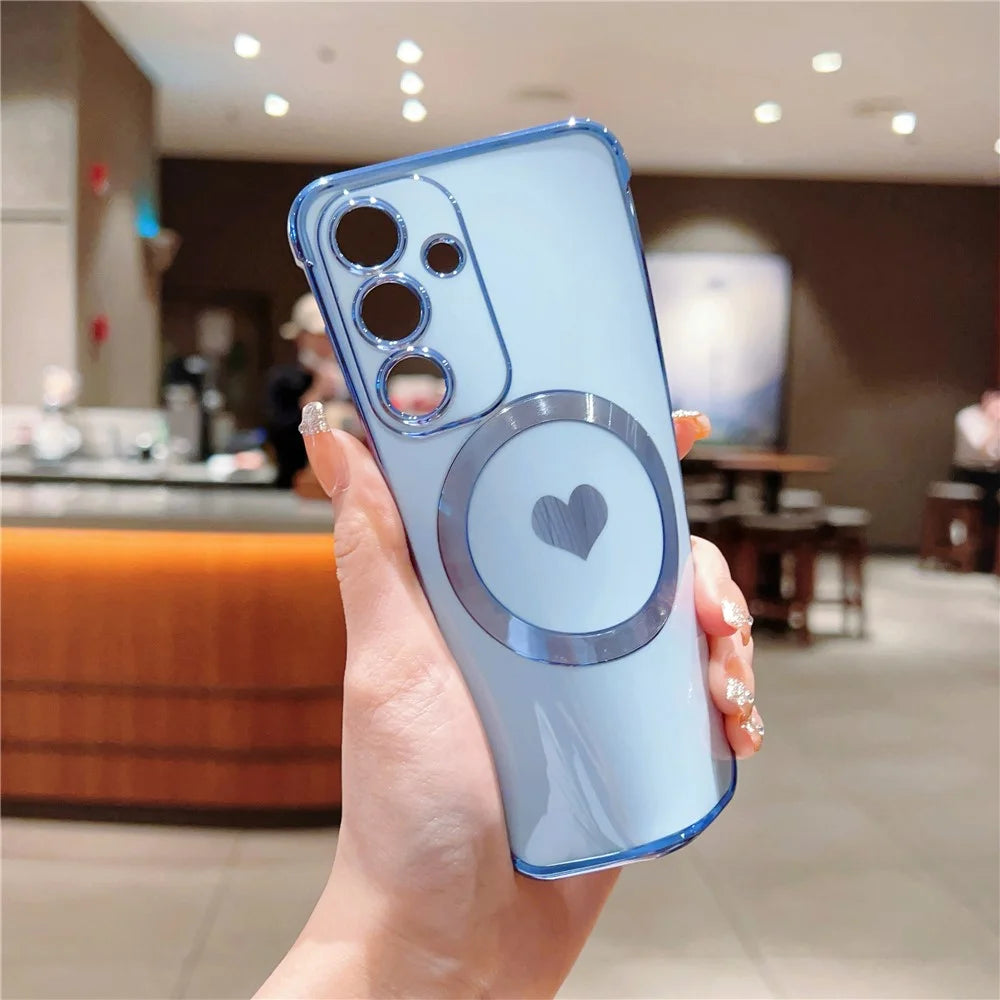 For Samsung Galaxy S25 Magnetic Case Electroplating Soft TPU Cover with Cute Love Heart - Blue - 3