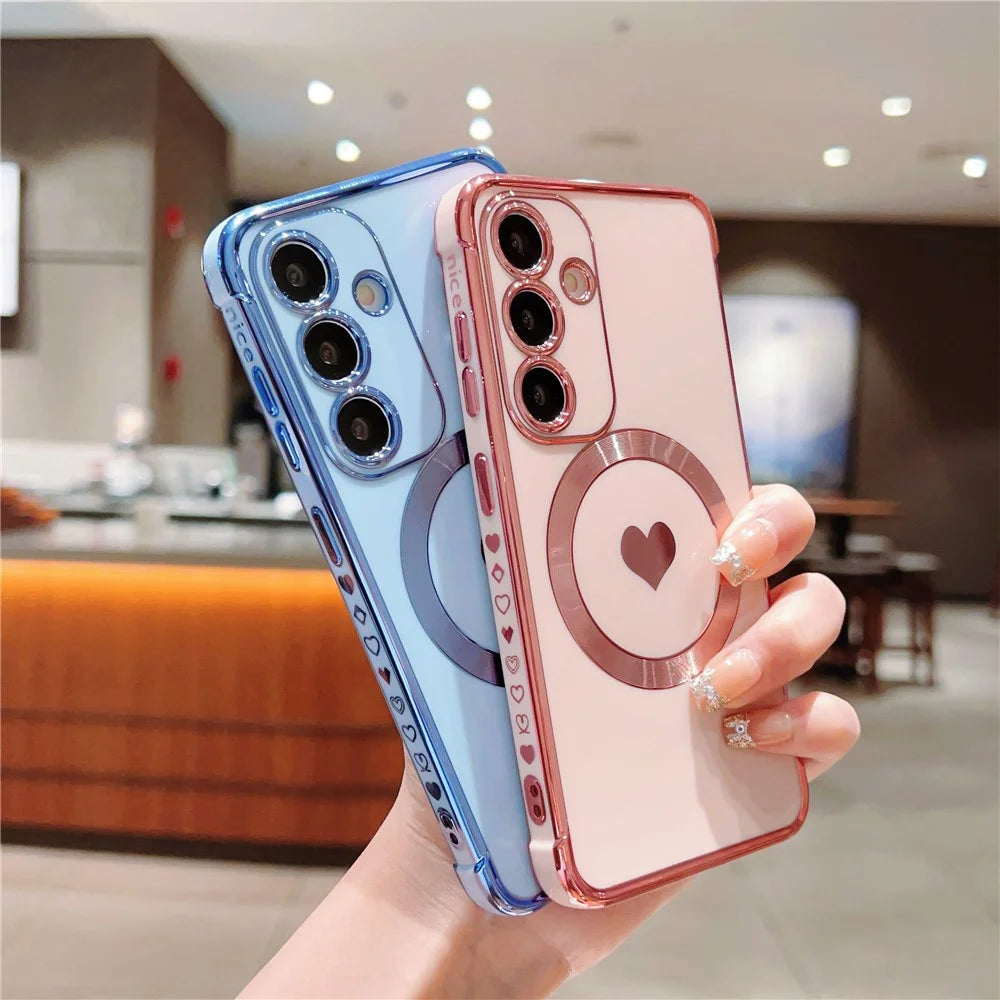 For Samsung Galaxy S25 Magnetic Case Electroplating Soft TPU Cover with Cute Love Heart - Blue - 4