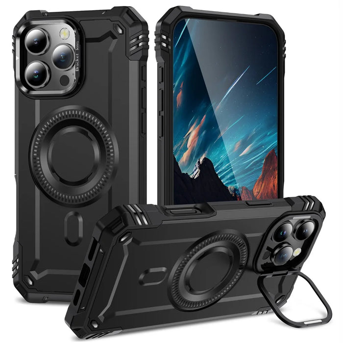 For iPhone 16 Pro Case Compatible with MagSafe Metal Lens Frame Kickstand PC+TPU Mobile Cover - Black - 1