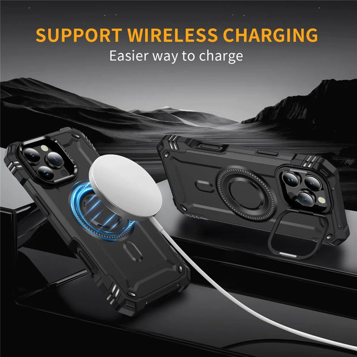 For iPhone 16 Pro Case Compatible with MagSafe Metal Lens Frame Kickstand PC+TPU Mobile Cover - Black - 4