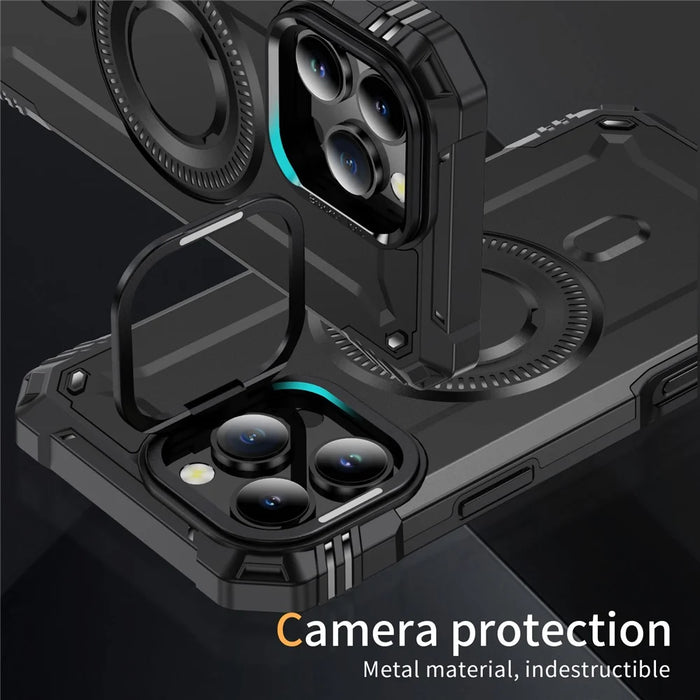 For iPhone 16 Pro Case Compatible with MagSafe Metal Lens Frame Kickstand PC+TPU Mobile Cover - Black - 5