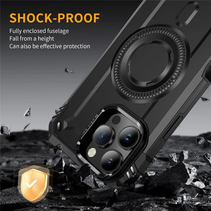 For iPhone 16 Pro Case Compatible with MagSafe Metal Lens Frame Kickstand PC+TPU Mobile Cover - Black - 6