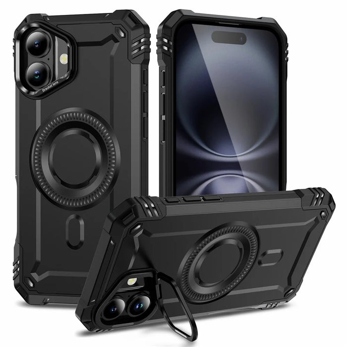 For iPhone 16 Plus Case Compatible with MagSafe Metal Lens Frame Kickstand PC+TPU Mobile Cover - Black - 1