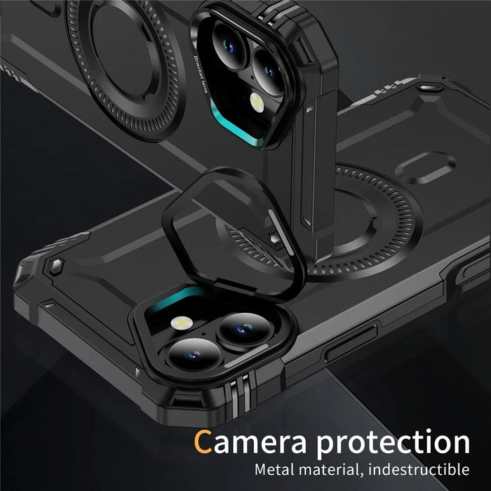 For iPhone 16 Plus Case Compatible with MagSafe Metal Lens Frame Kickstand PC+TPU Mobile Cover - Black - 5