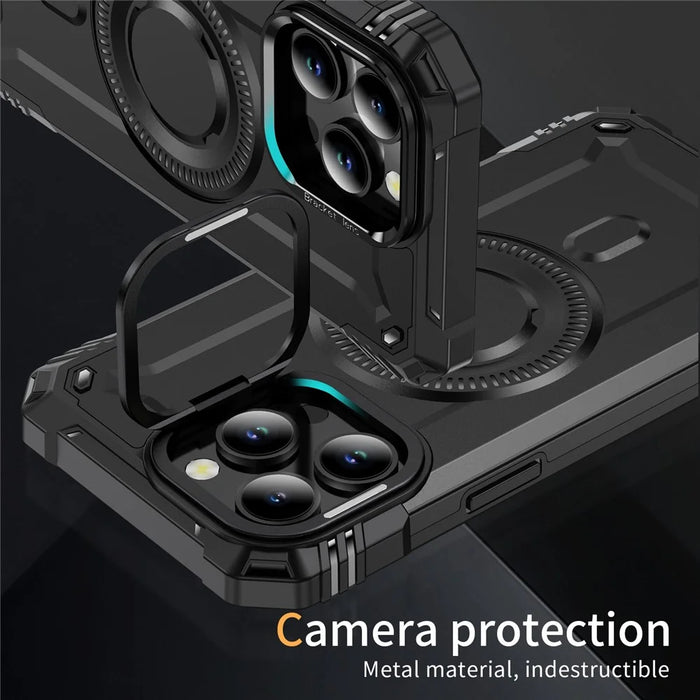 For iPhone 15 Pro Case Compatible with MagSafe Metal Lens Frame Kickstand PC+TPU Mobile Cover - Black - 5