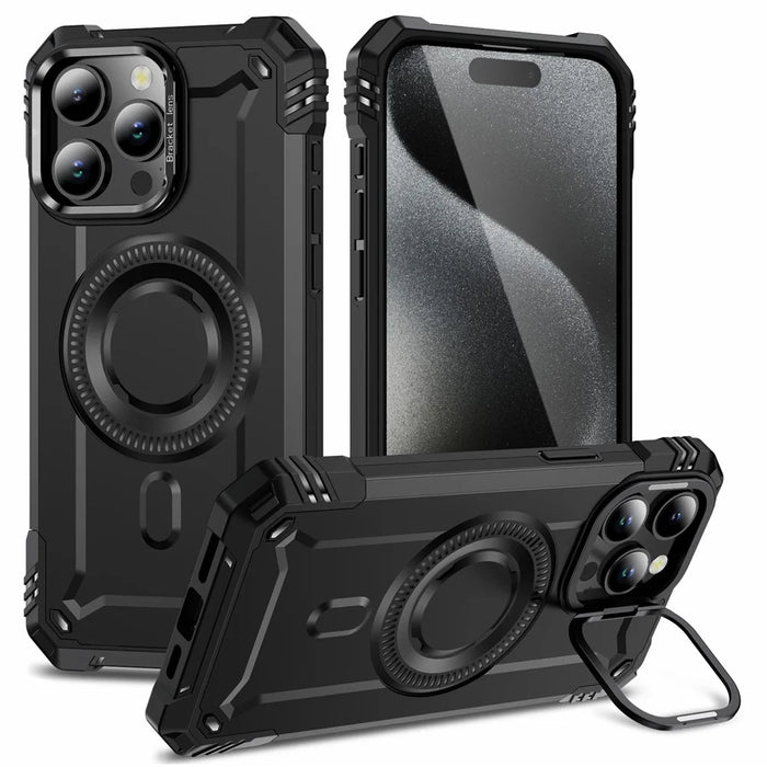 For iPhone 15 Pro Max Case Compatible with MagSafe Metal Lens Frame Kickstand PC+TPU Mobile Cover - Black - 1