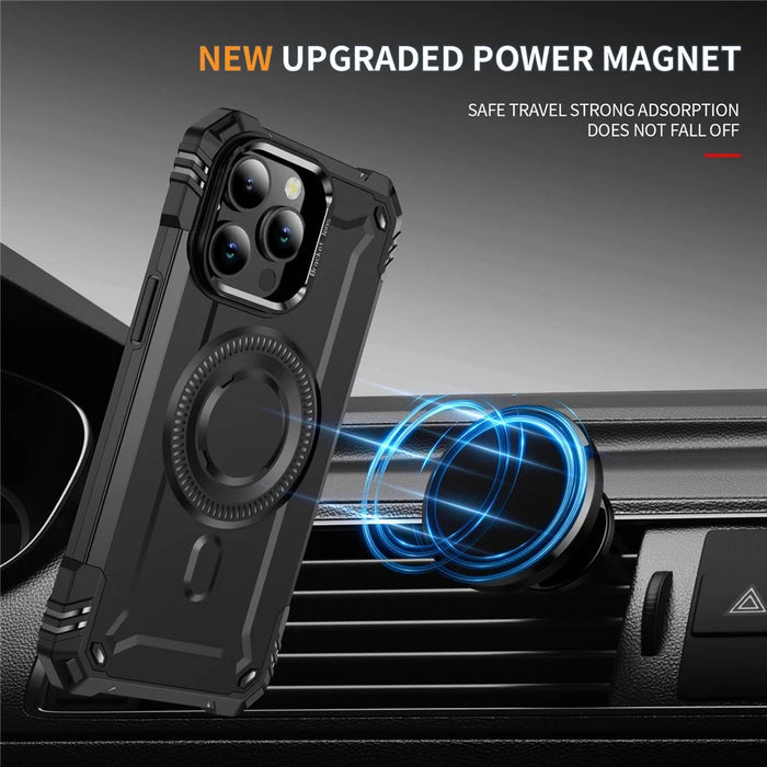For iPhone 15 Pro Max Case Compatible with MagSafe Metal Lens Frame Kickstand PC+TPU Mobile Cover - Black - 3