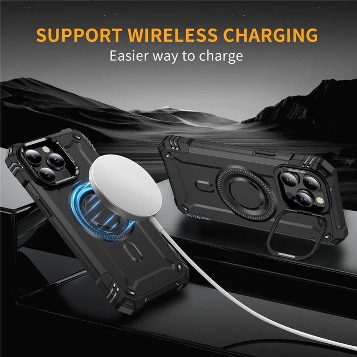 For iPhone 15 Pro Max Case Compatible with MagSafe Metal Lens Frame Kickstand PC+TPU Mobile Cover - Black - 4