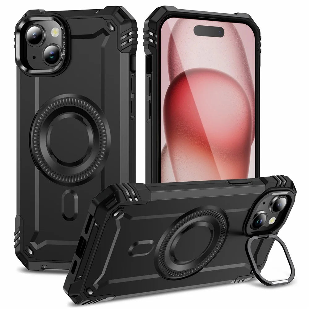 For iPhone 15 Case Compatible with MagSafe Metal Lens Frame Kickstand PC+TPU Mobile Cover - Black - 1