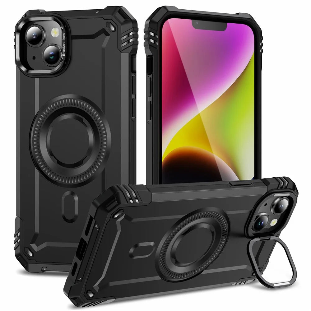 For iPhone 14 Case Compatible with MagSafe Metal Lens Frame Kickstand PC+TPU Mobile Cover - Black - 1