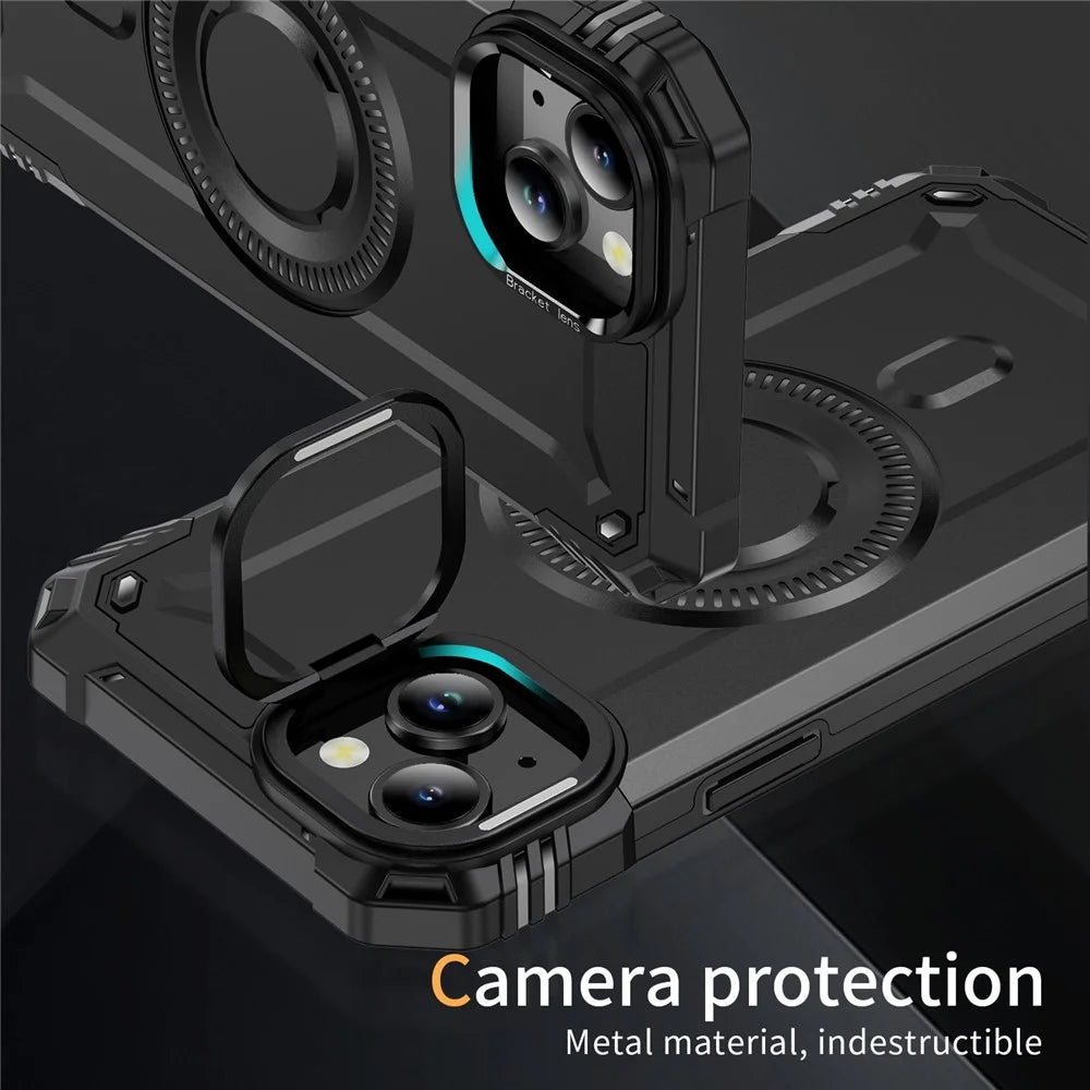 For iPhone 14 Case Compatible with MagSafe Metal Lens Frame Kickstand PC+TPU Mobile Cover - Black - 5