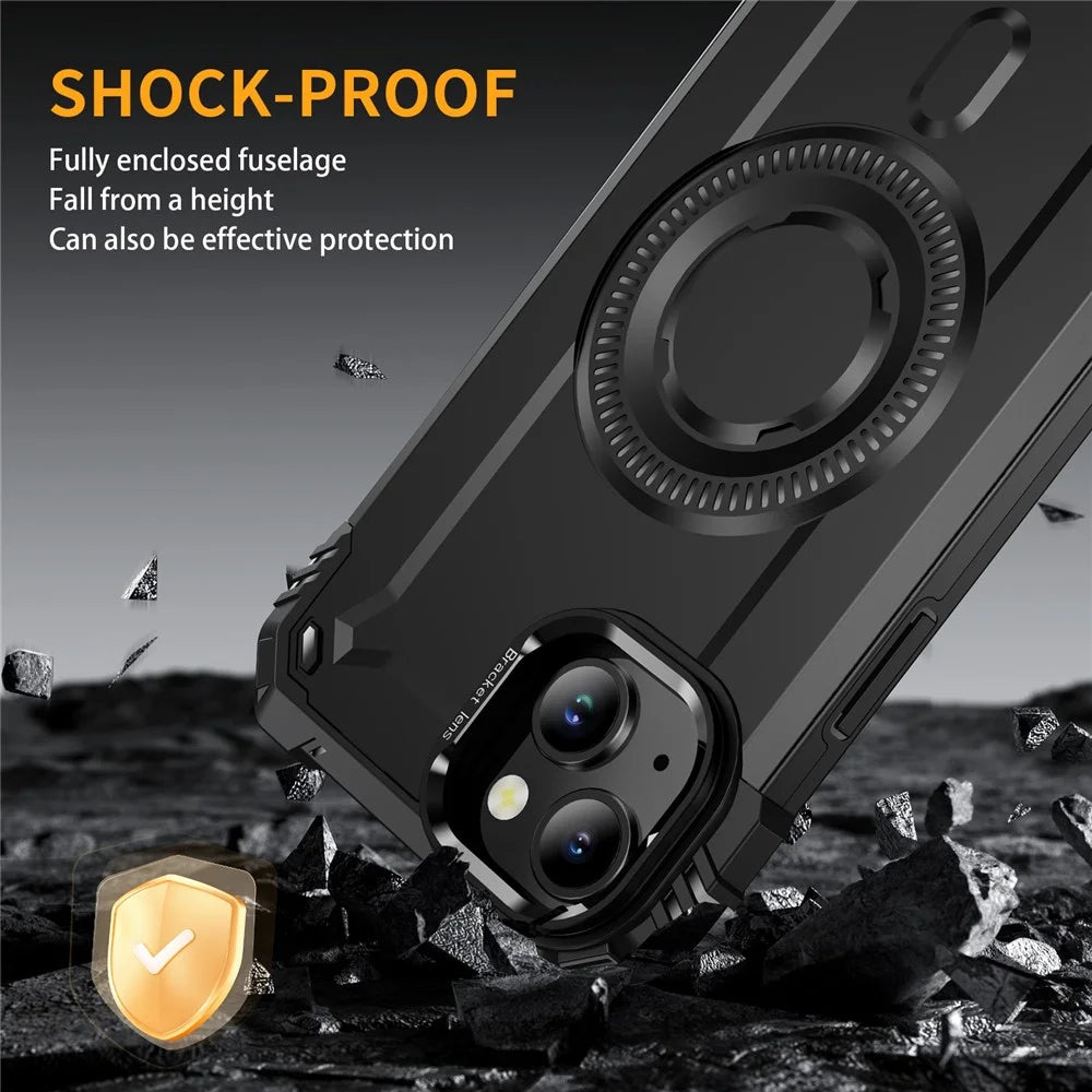 For iPhone 14 Case Compatible with MagSafe Metal Lens Frame Kickstand PC+TPU Mobile Cover - Black - 6
