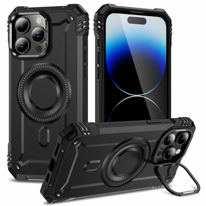 For iPhone 14 Pro Case Compatible with MagSafe Metal Lens Frame Kickstand PC+TPU Mobile Cover - Black - 1