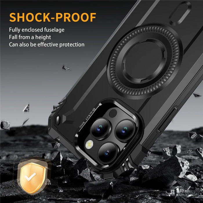 For iPhone 14 Pro Case Compatible with MagSafe Metal Lens Frame Kickstand PC+TPU Mobile Cover - Black - 6