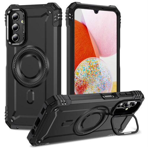 For Samsung Galaxy A14 4G / 5G Case Magnetic Case Metal Lens Frame Kickstand PC+TPU Mobile Cover - Black - 1