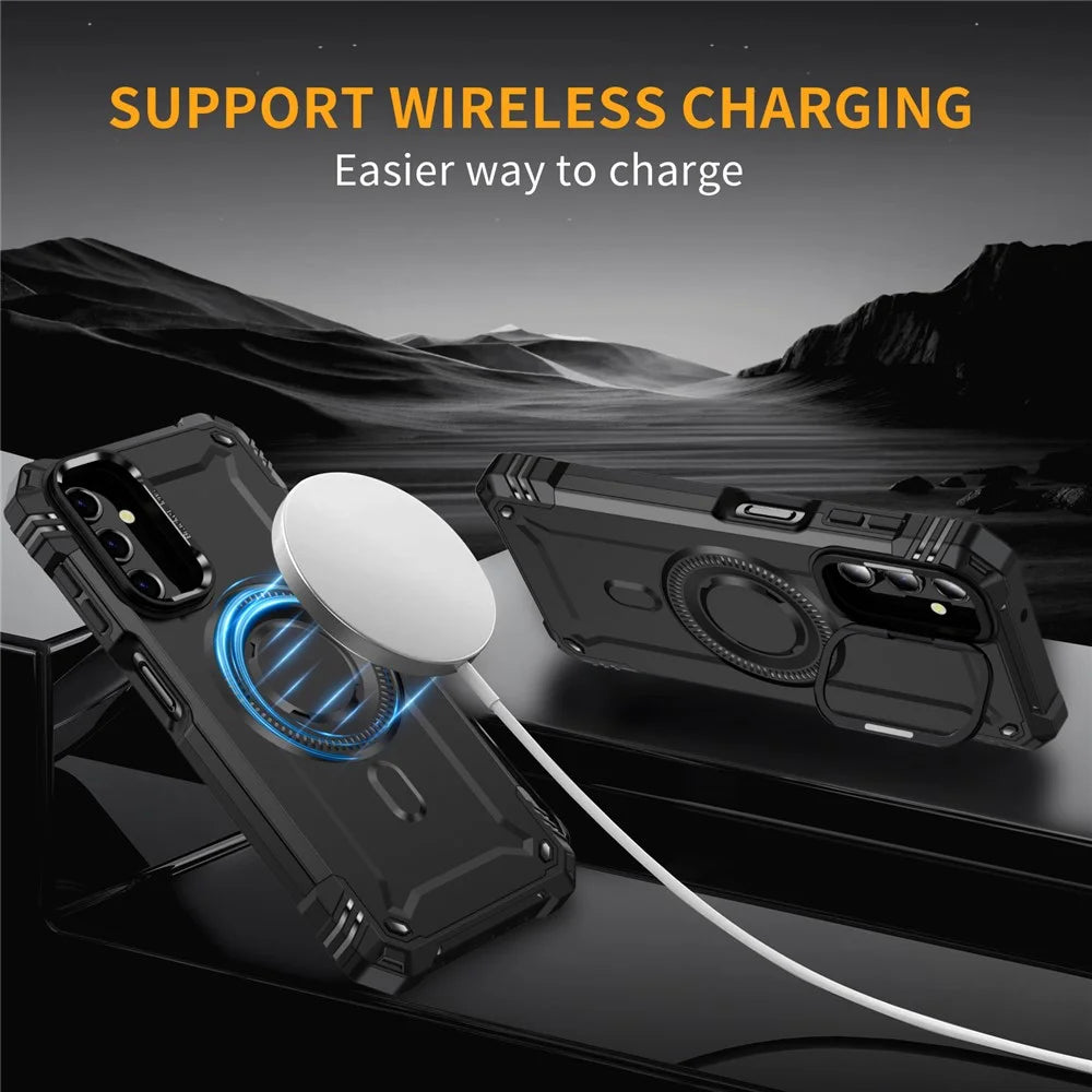 For Samsung Galaxy A14 4G / 5G Case Magnetic Case Metal Lens Frame Kickstand PC+TPU Mobile Cover - Black - 4