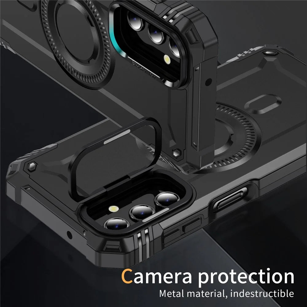 For Samsung Galaxy A14 4G / 5G Case Magnetic Case Metal Lens Frame Kickstand PC+TPU Mobile Cover - Black - 5