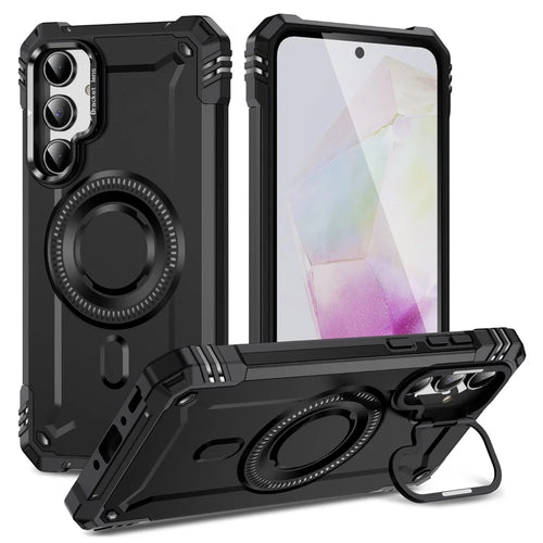 For Samsung Galaxy A35 5G Magnetic Case Metal Lens Frame Kickstand PC+TPU Mobile Cover - Black - 1