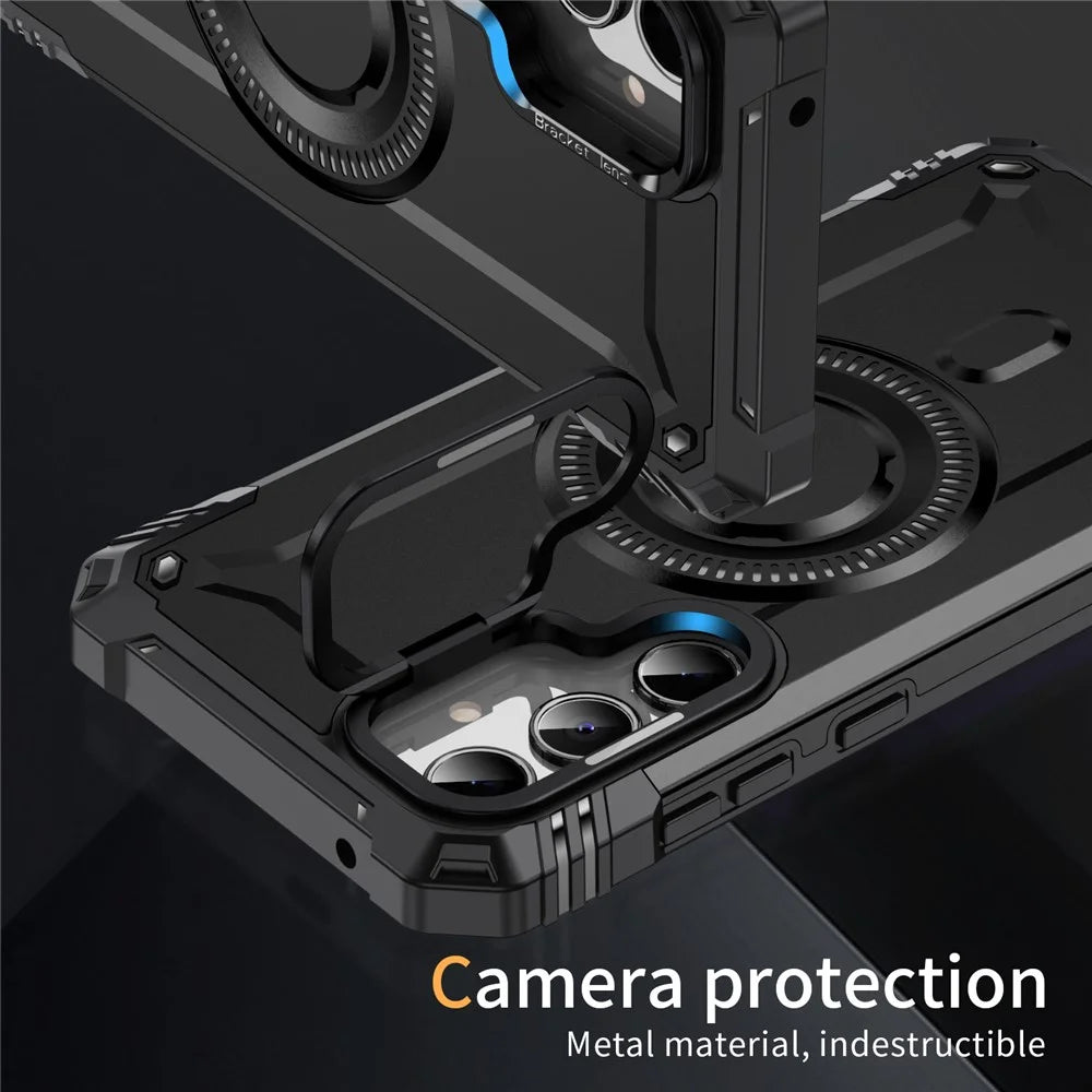 For Samsung Galaxy A35 5G Magnetic Case Metal Lens Frame Kickstand PC+TPU Mobile Cover - Black - 5