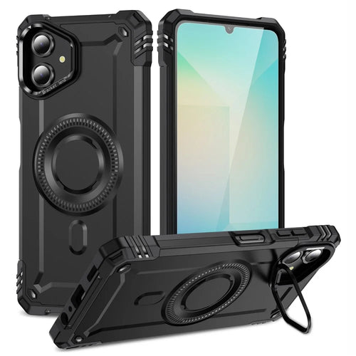 For Samsung Galaxy A06 4G Magnetic Case Metal Lens Frame Kickstand PC+TPU Mobile Cover - Black - 1