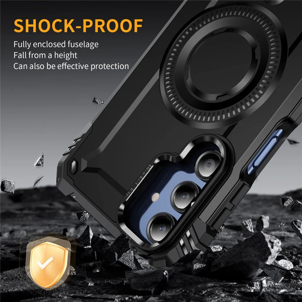 For Samsung Galaxy A16 4G / 5G Magnetic Case Metal Lens Frame Kickstand PC+TPU Mobile Cover - Black - 6