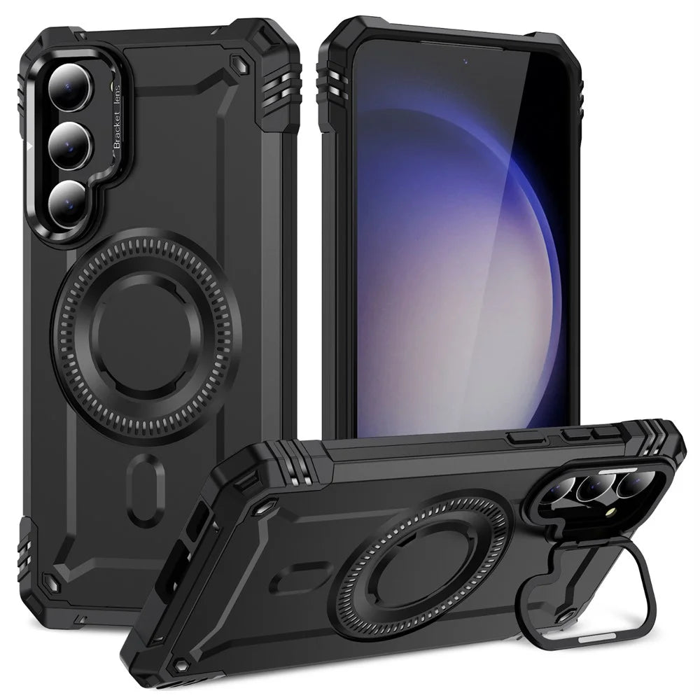 For Samsung Galaxy S23+ Magnetic Case Metal Lens Frame Kickstand PC+TPU Mobile Cover - Black - 1
