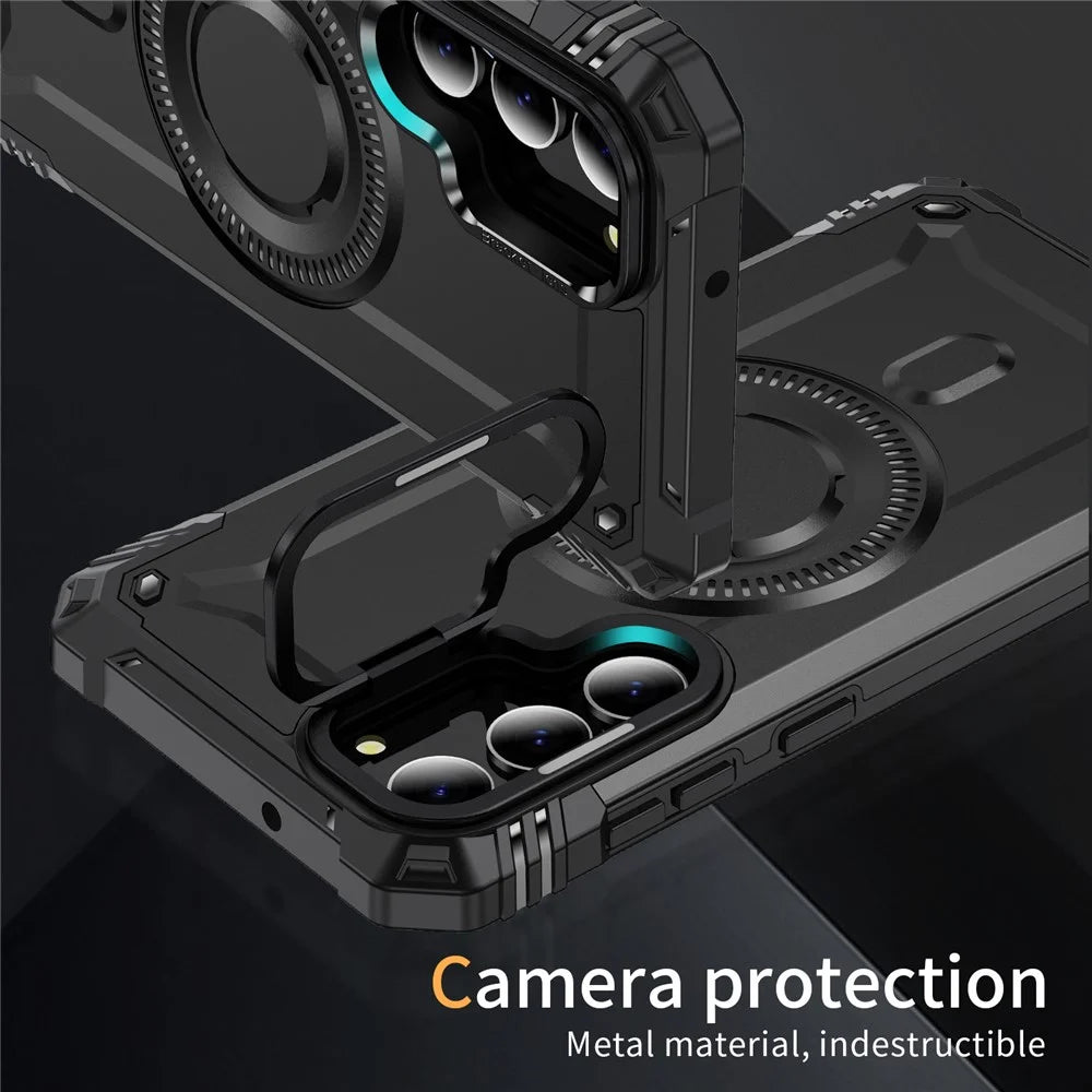 For Samsung Galaxy S23+ Magnetic Case Metal Lens Frame Kickstand PC+TPU Mobile Cover - Black - 5