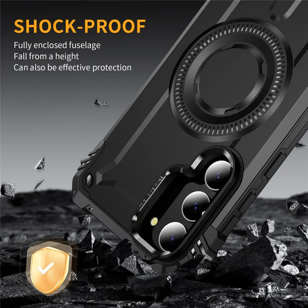 For Samsung Galaxy S23+ Magnetic Case Metal Lens Frame Kickstand PC+TPU Mobile Cover - Black - 6