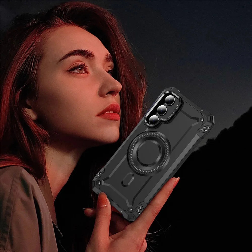 For Samsung Galaxy S23+ Magnetic Case Metal Lens Frame Kickstand PC+TPU Mobile Cover - Black - 7