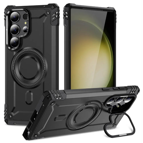 For Samsung Galaxy S23 Ultra Magnetic Case Metal Lens Frame Kickstand PC+TPU Mobile Cover - Black - 1