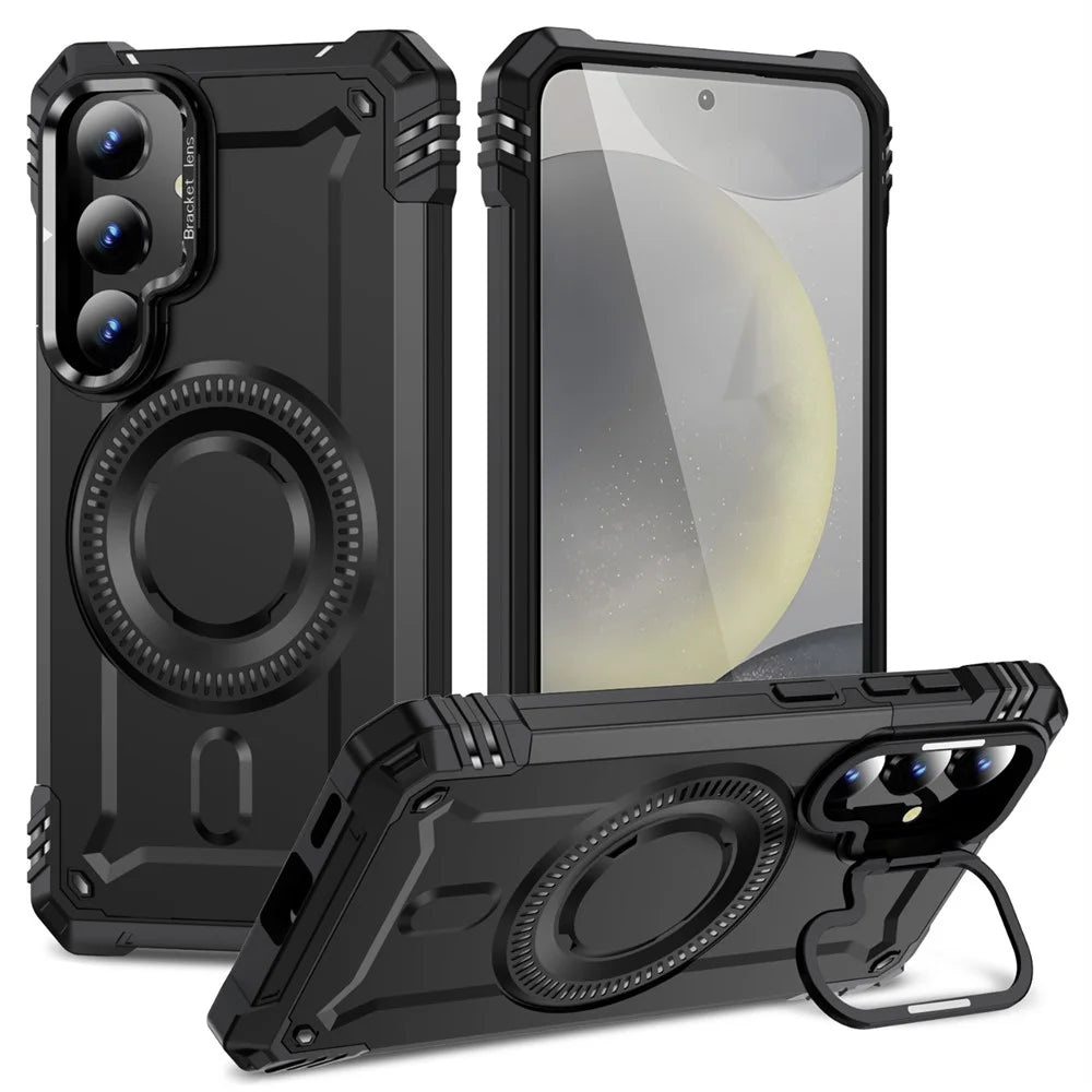 For Samsung Galaxy S25 / S24 Magnetic Case Metal Lens Frame Kickstand PC+TPU Mobile Cover - Black - 1