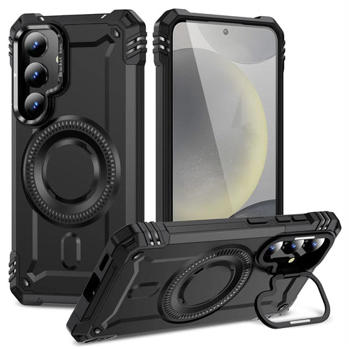 For Samsung Galaxy S25+ / S24+ Magnetic Case Metal Lens Frame Kickstand PC+TPU Mobile Cover - Black - 1