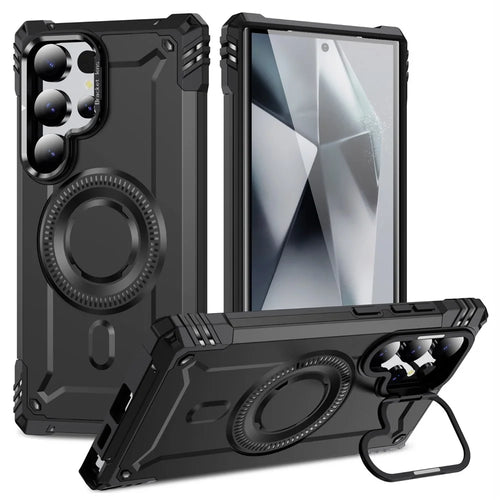 For Samsung Galaxy S24 Ultra Magnetic Case Metal Lens Frame Kickstand PC+TPU Mobile Cover - Black - 1